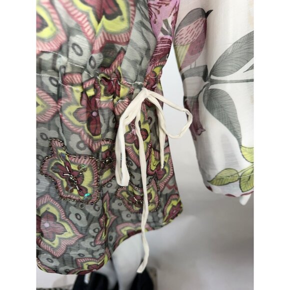 Yuka Beach Floral Embellished Chiffon Tunic Top L White Multicolor Lightweight - Picture 10 of 16